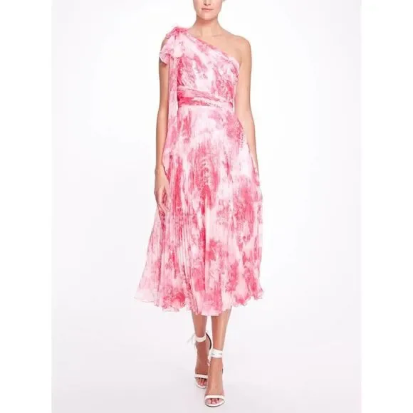 Marchesa One Shoulder Printed Chiffon Pleated Gown - Pink - 8